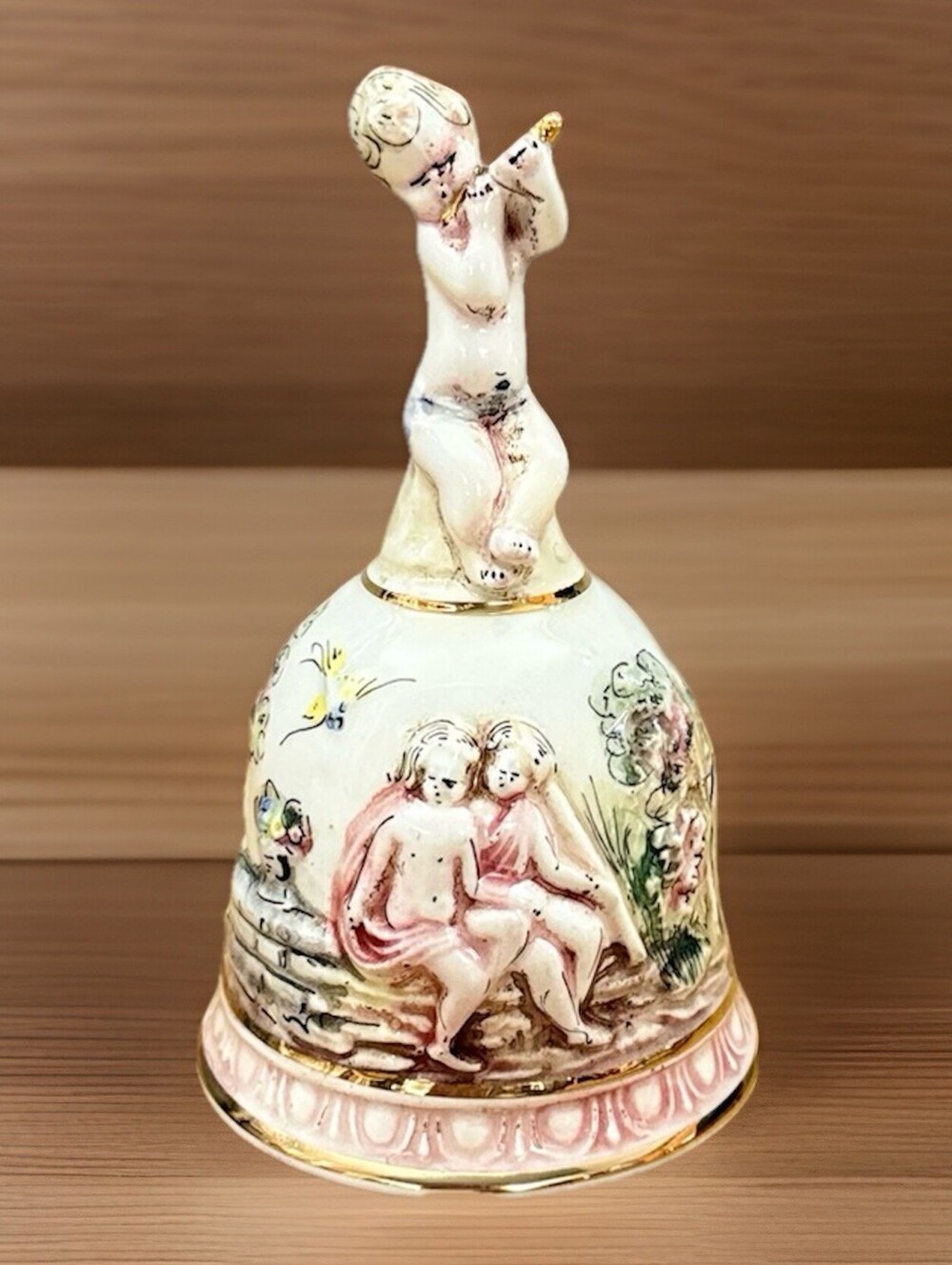 Vintage Italian R. Capodemonte  Hand-Painted Porcelain Cherubs Dinner Bell 5.5"T